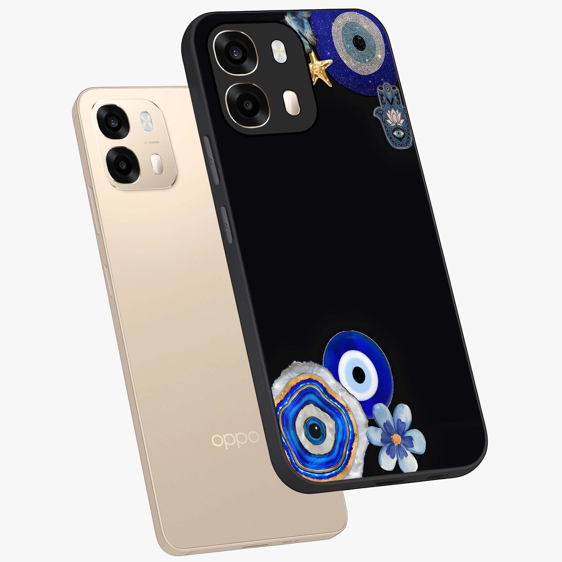 Aesthetic Blue Evil Eye Glass Case displayed in angled mockup highlighting blue evil eye symbol and spiritual aesthetic design.