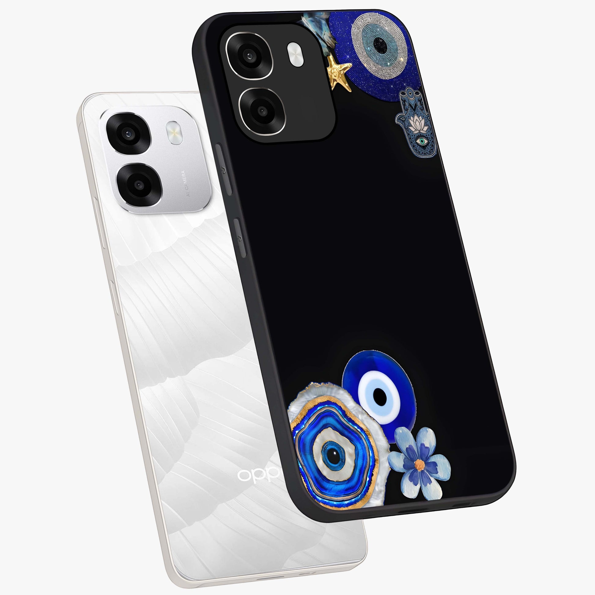 Aesthetic Blue Evil Eye Glass Case displayed in angled mockup highlighting blue evil eye symbol and spiritual aesthetic design.