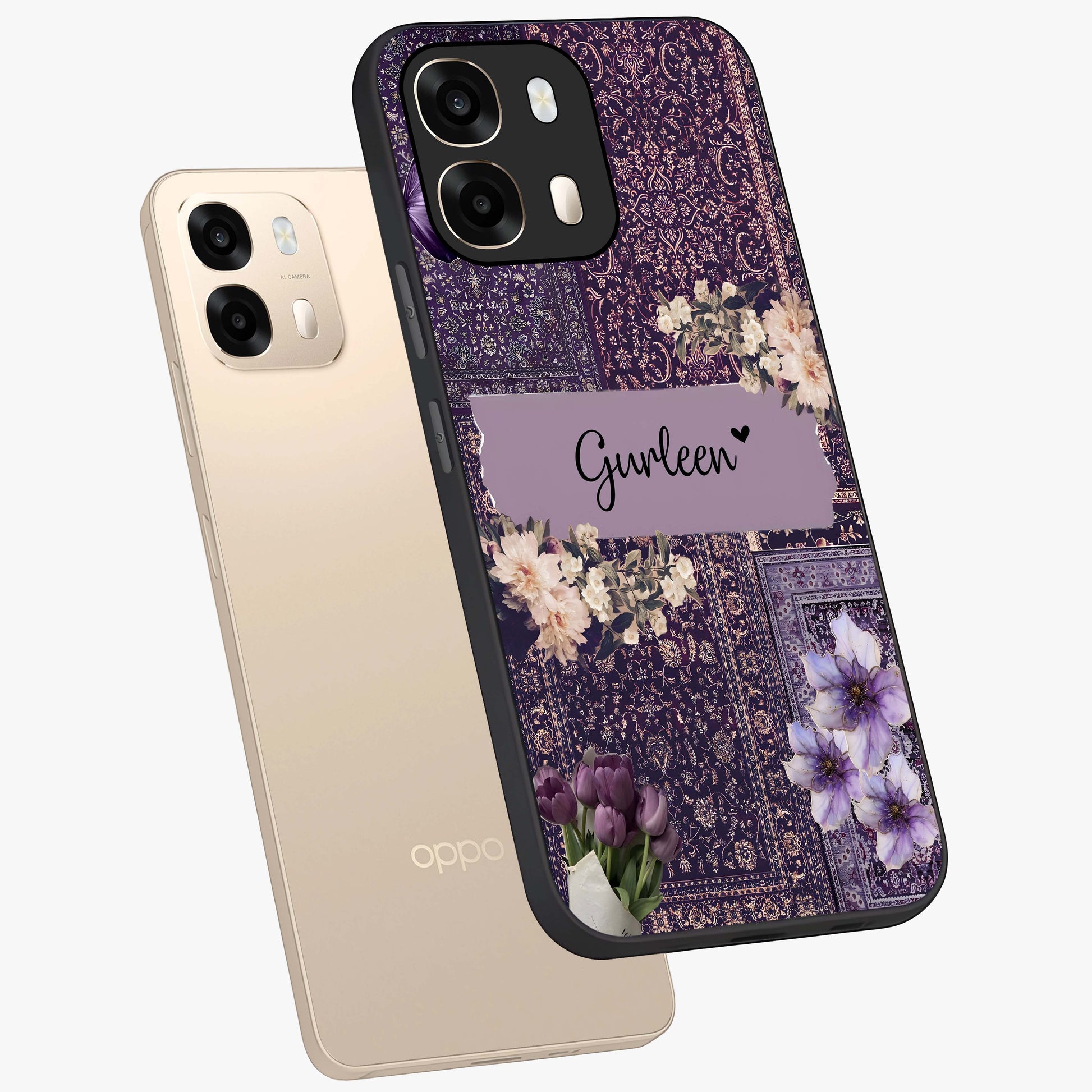 Antique Floral Whisper Custom Name Glass Case displayed in angled mockup highlighting elegant antique floral aesthetic.