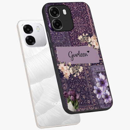 Antique Floral Whisper Custom Name Glass Case displayed in angled mockup highlighting elegant antique floral aesthetic.