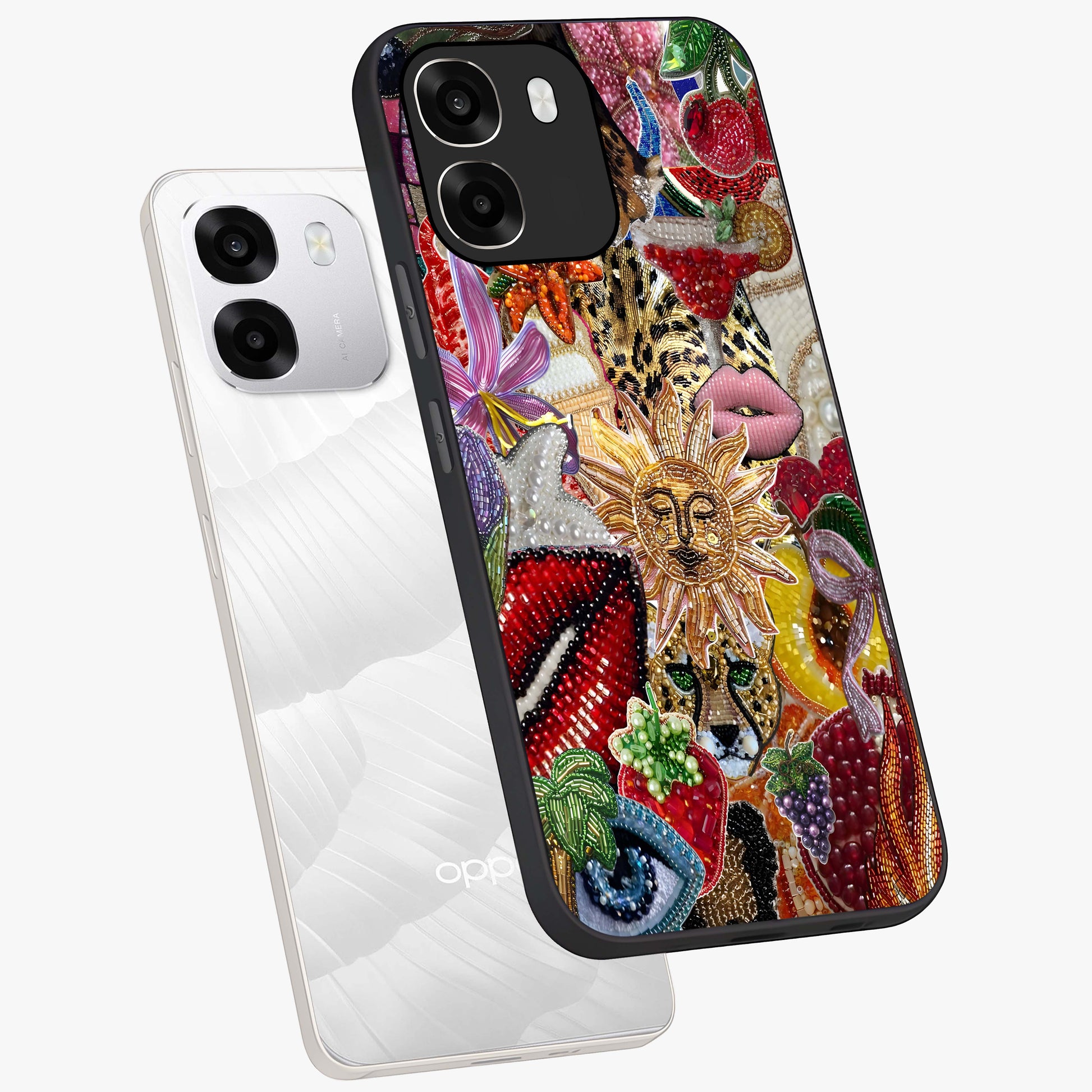 Beaded Fashion Jungle Glass Case displayed in angled mockup highlighting colorful fashion bead design and artistic pattern.