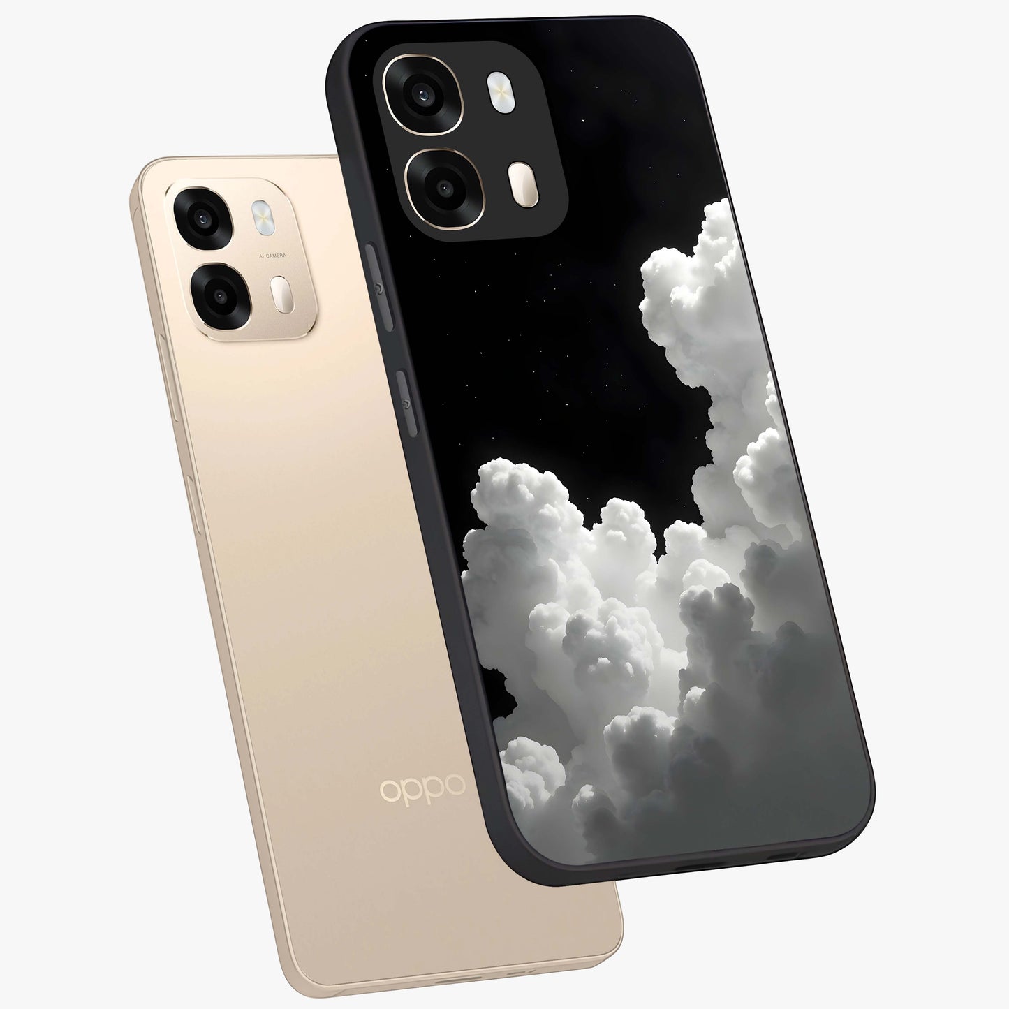 Black Background With White Cloud Glass Case displayed in angled mockup highlighting soft white cloud illustration and minimal design.
