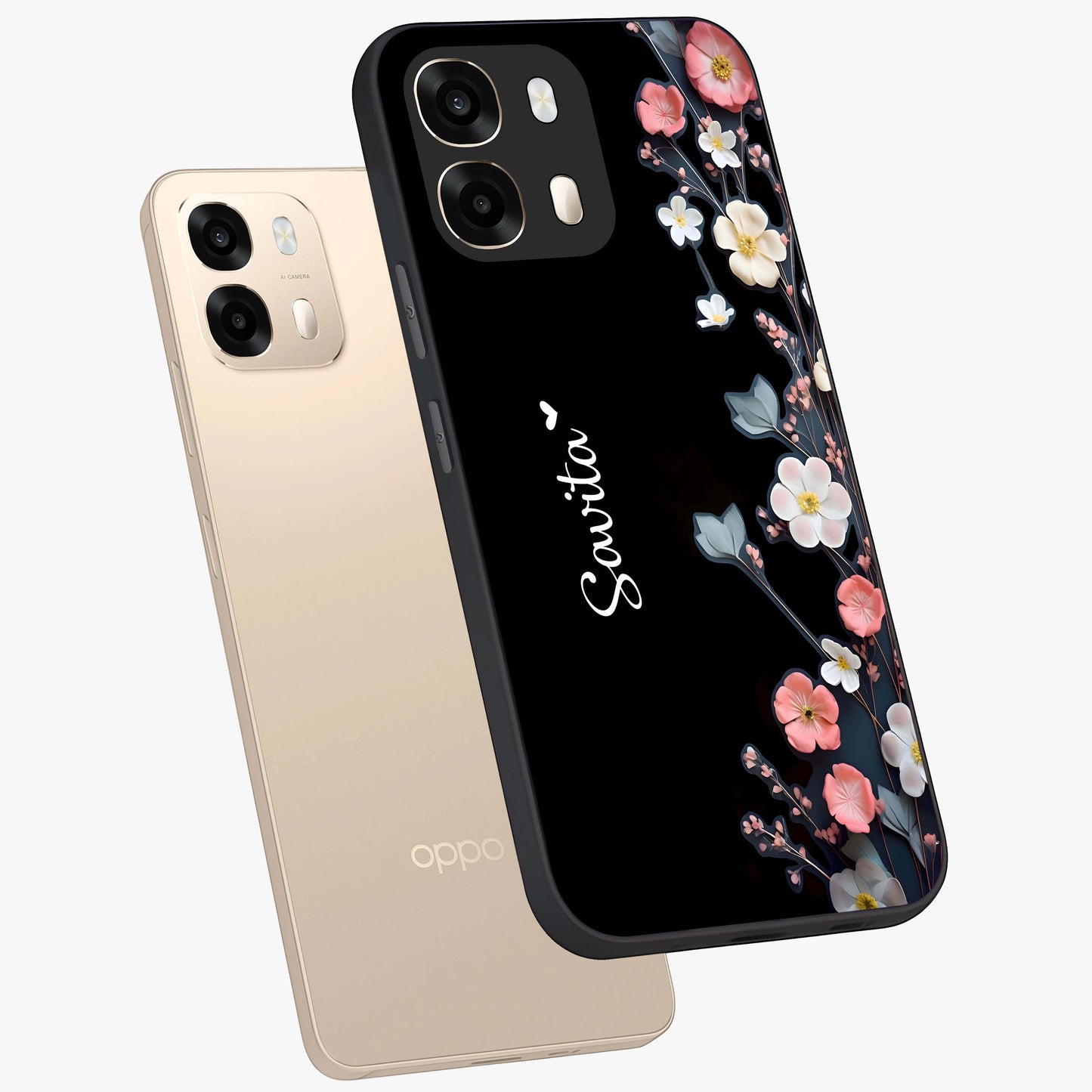 Black Elegance Floral Custom Name Glass Case displayed in angled mockup highlighting dark floral aesthetic and custom name feature.