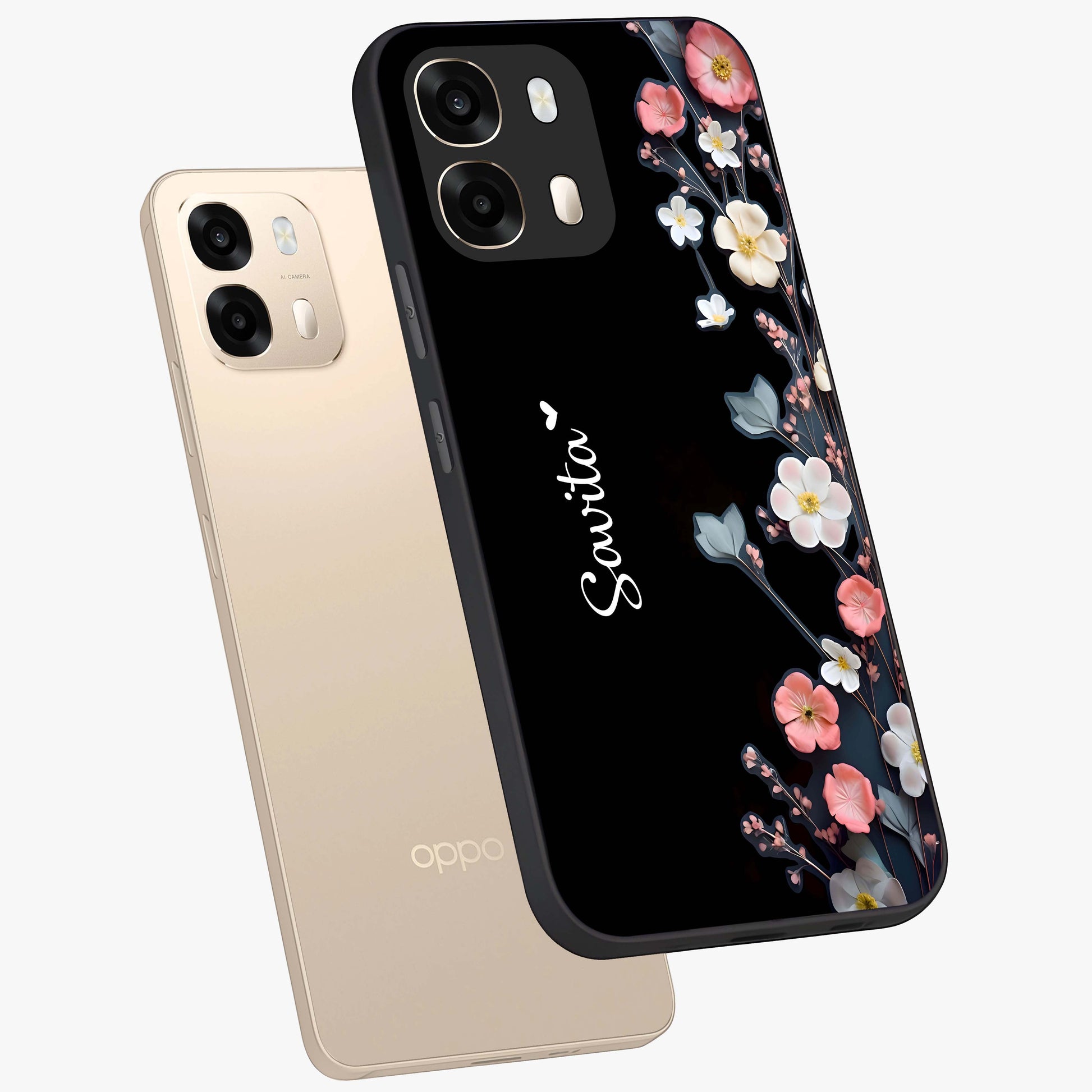Black Elegance Floral Custom Name Glass Case displayed in angled mockup highlighting dark floral aesthetic and custom name feature.