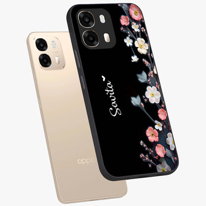 Black Elegance Floral Custom Name Glass Case displayed in angled mockup highlighting dark floral aesthetic and custom name feature.