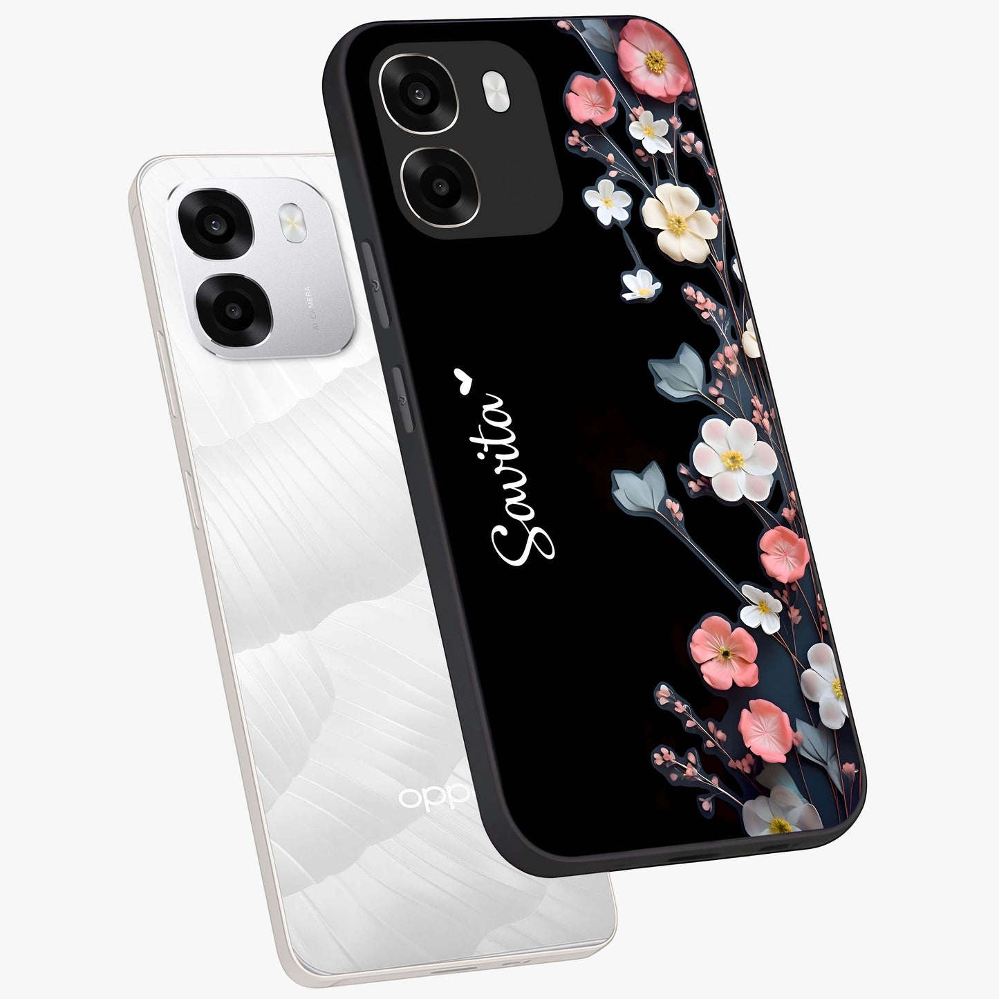 Black Elegance Floral Custom Name Glass Case displayed in angled mockup highlighting dark floral aesthetic and custom name feature.