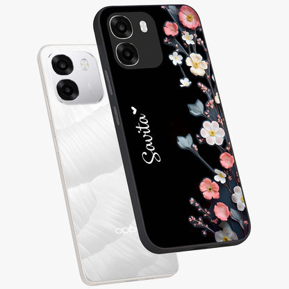 Black Elegance Floral Custom Name Glass Case displayed in angled mockup highlighting dark floral aesthetic and custom name feature.