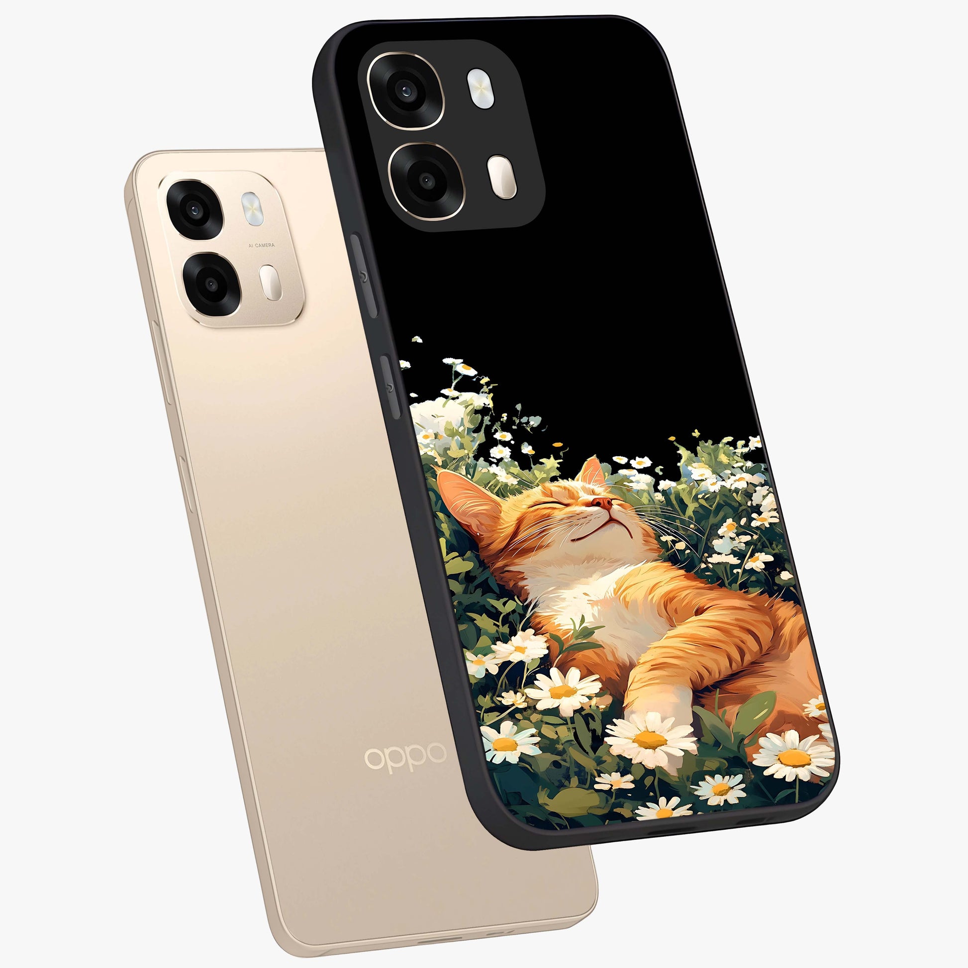 Blissful Bloom Cat Glass Case displayed in angled mockup highlighting playful feline illustration with soft floral aesthetic.