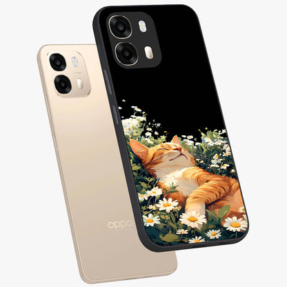Blissful Bloom Cat Glass Case displayed in angled mockup highlighting playful feline illustration with soft floral aesthetic.
