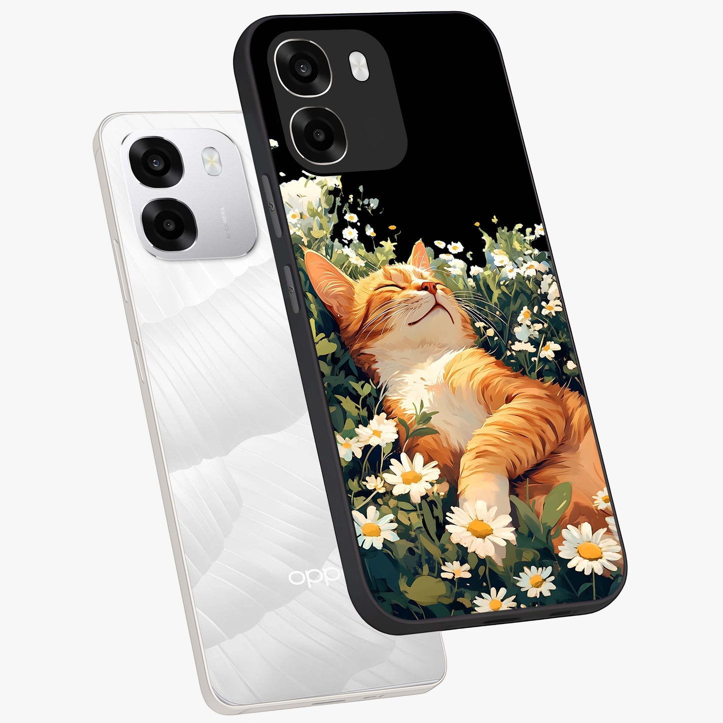 Blissful Bloom Cat Glass Case displayed in angled mockup highlighting playful feline illustration with soft floral aesthetic.