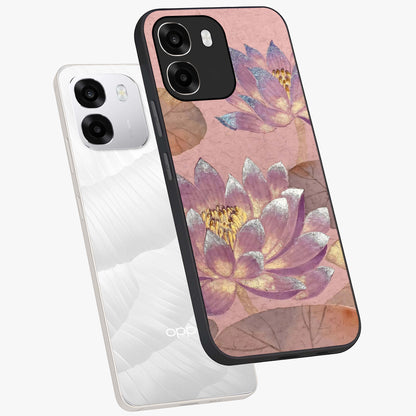 Blossom Mist Lotus Glass Case displayed in angled mockup highlighting delicate lotus illustration with calm aesthetic theme.