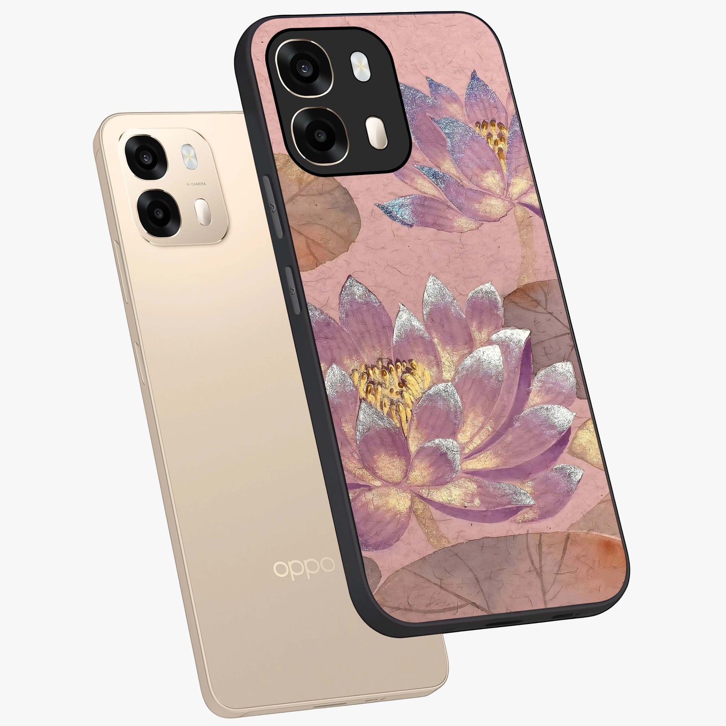 Blossom Mist Lotus Glass Case displayed in angled mockup highlighting delicate lotus illustration with calm aesthetic theme.