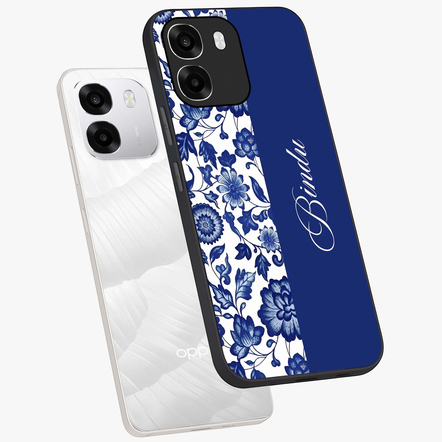Blue Vintage Floral Pattern Glass Case displayed in angled mockup highlighting subtle bloom pattern with aesthetic pastel design.