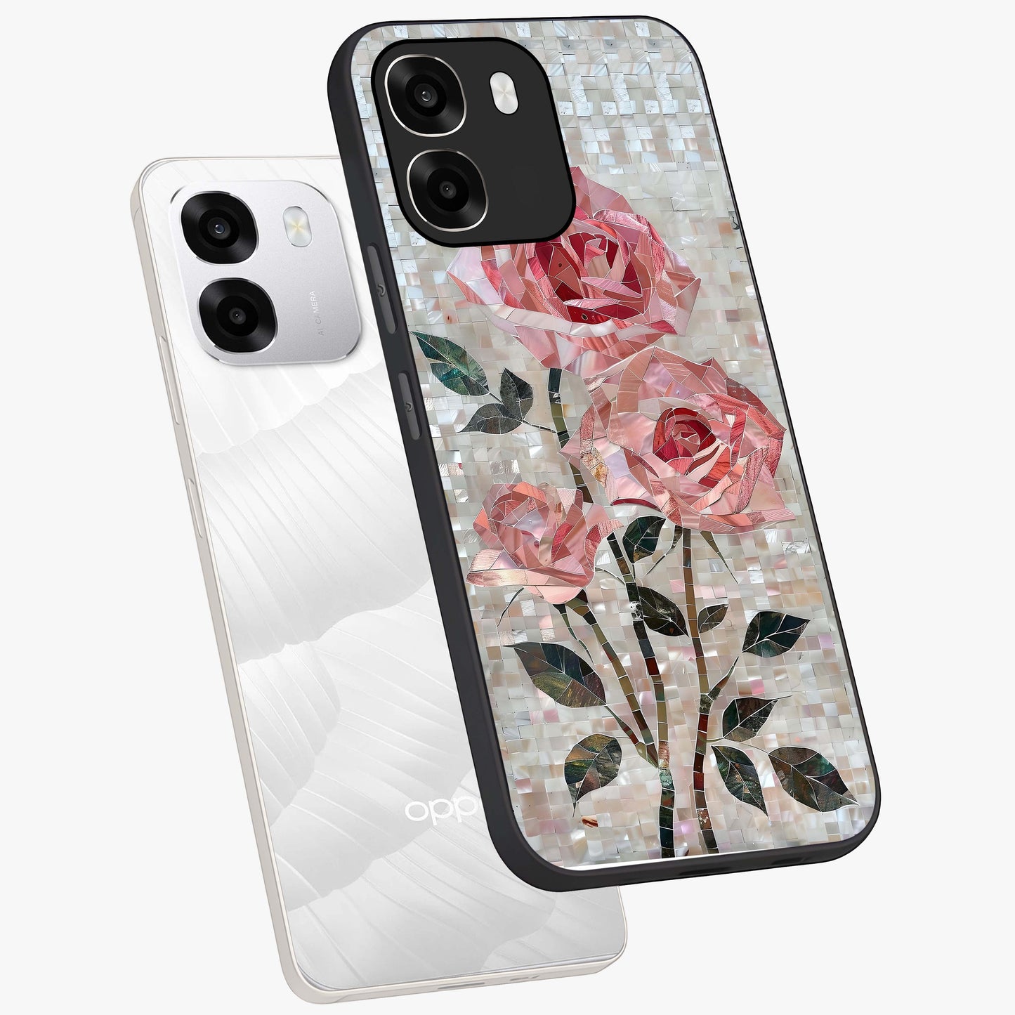 Blush Mosaic Bloom Glass Case displayed in angled mockup highlighting artistic mosaic flower pattern with aesthetic design.