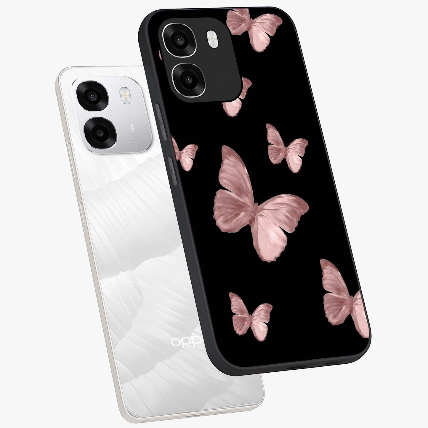 Butterfly Pattern Glass Case displayed in angled mockup highlighting delicate butterfly design and aesthetic pattern style.