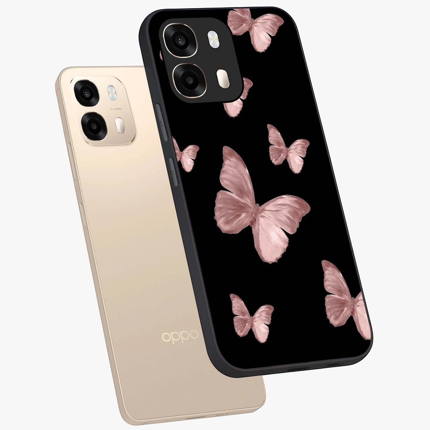 Butterfly Pattern Glass Case displayed in angled mockup highlighting delicate butterfly design and aesthetic pattern style.