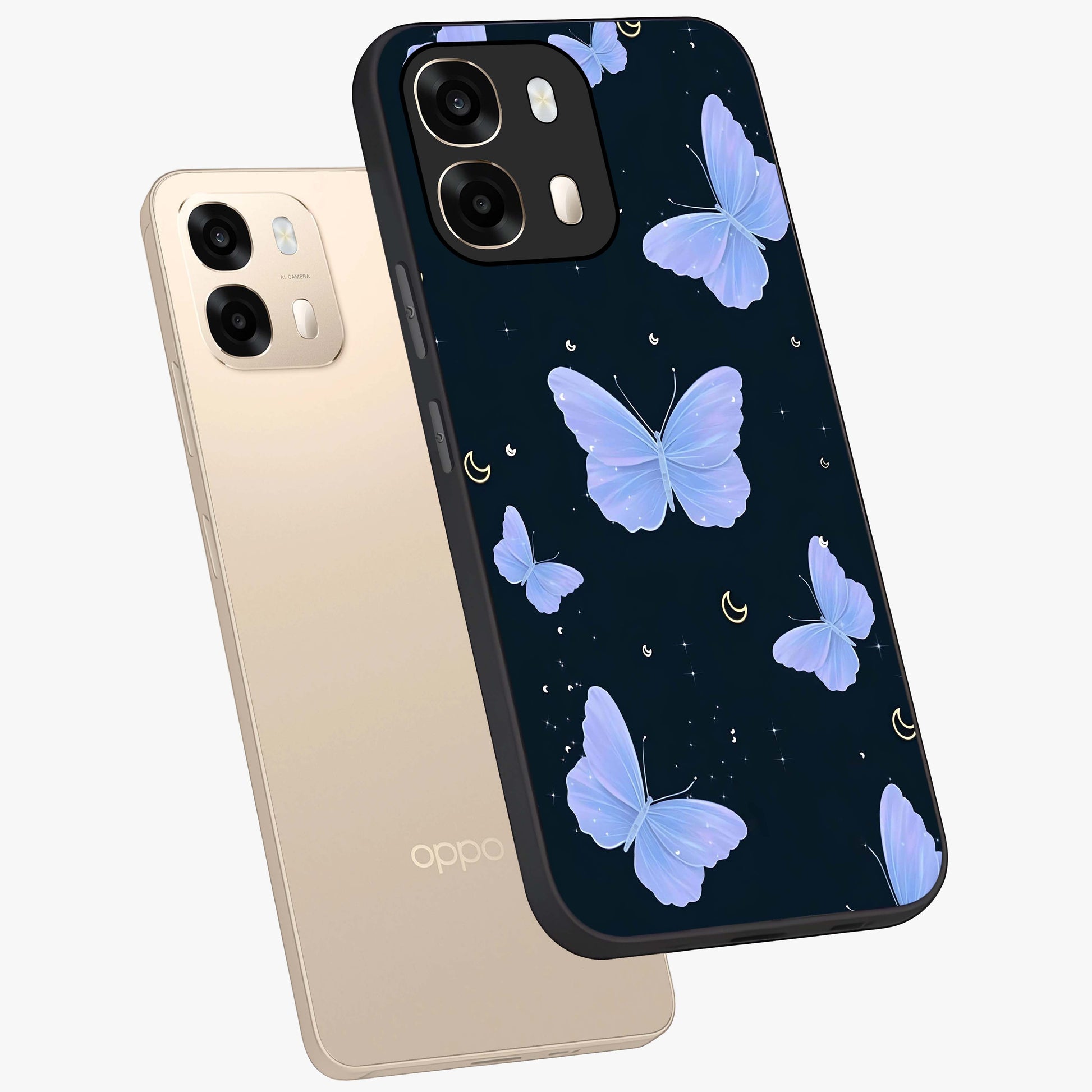 Butterfly With Stars Pattern Glass Case displayed in angled mockup highlighting dreamy butterfly and star design with aesthetic theme.