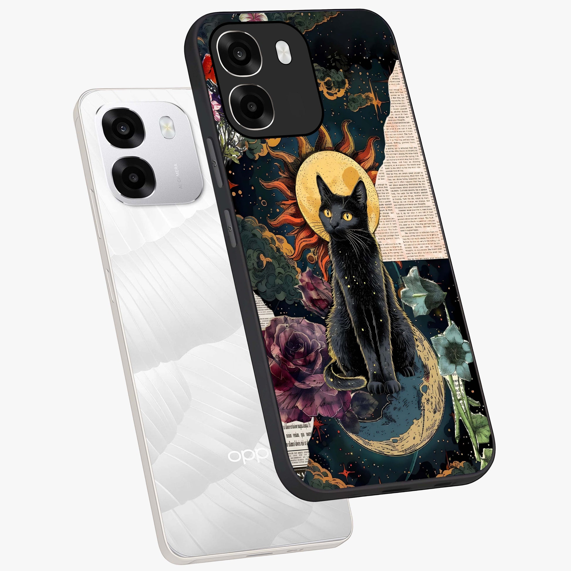 Celestial Black Cat Glass Case displayed in angled mockup highlighting cosmic black cat design with celestial aesthetic.