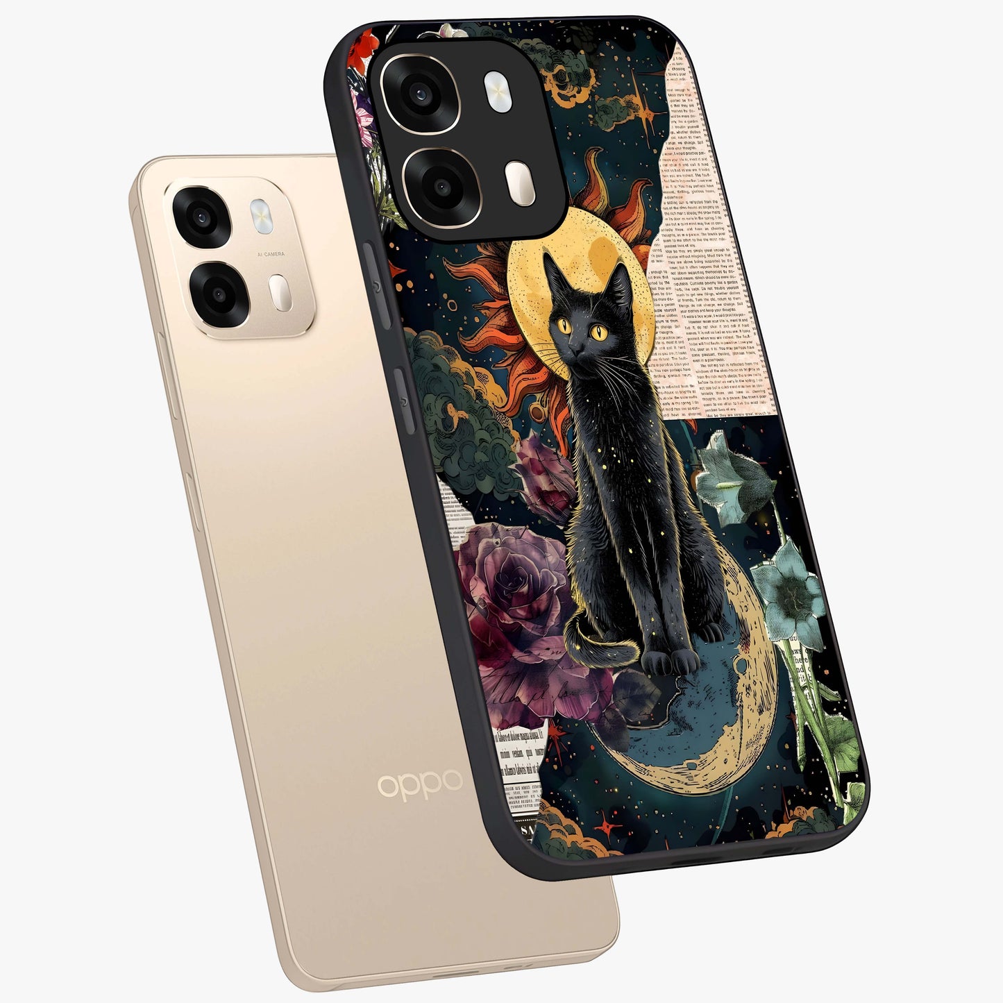 Celestial Black Cat Glass Case displayed in angled mockup highlighting cosmic black cat design with celestial aesthetic.