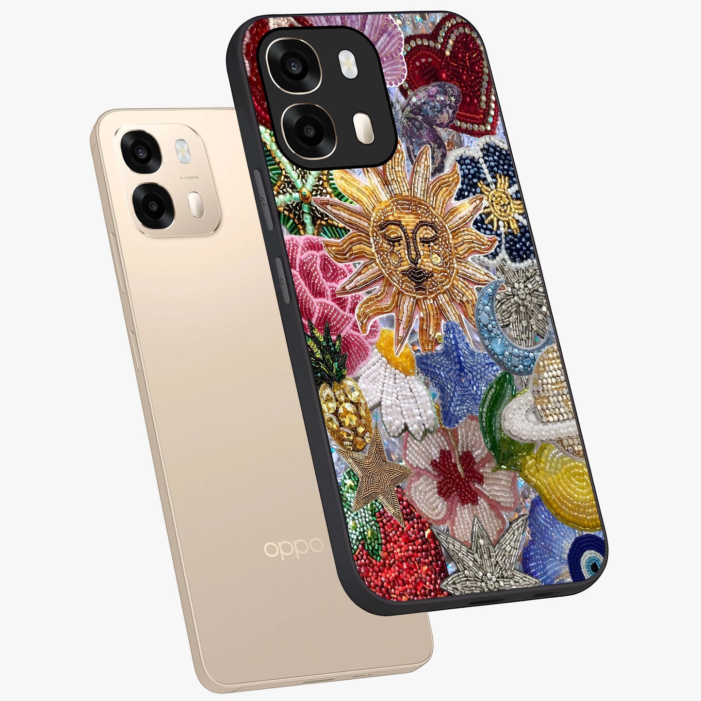 Celestial Floral and Playful Glass Case displayed in angled mockup highlighting playful floral design with dreamy celestial elements.