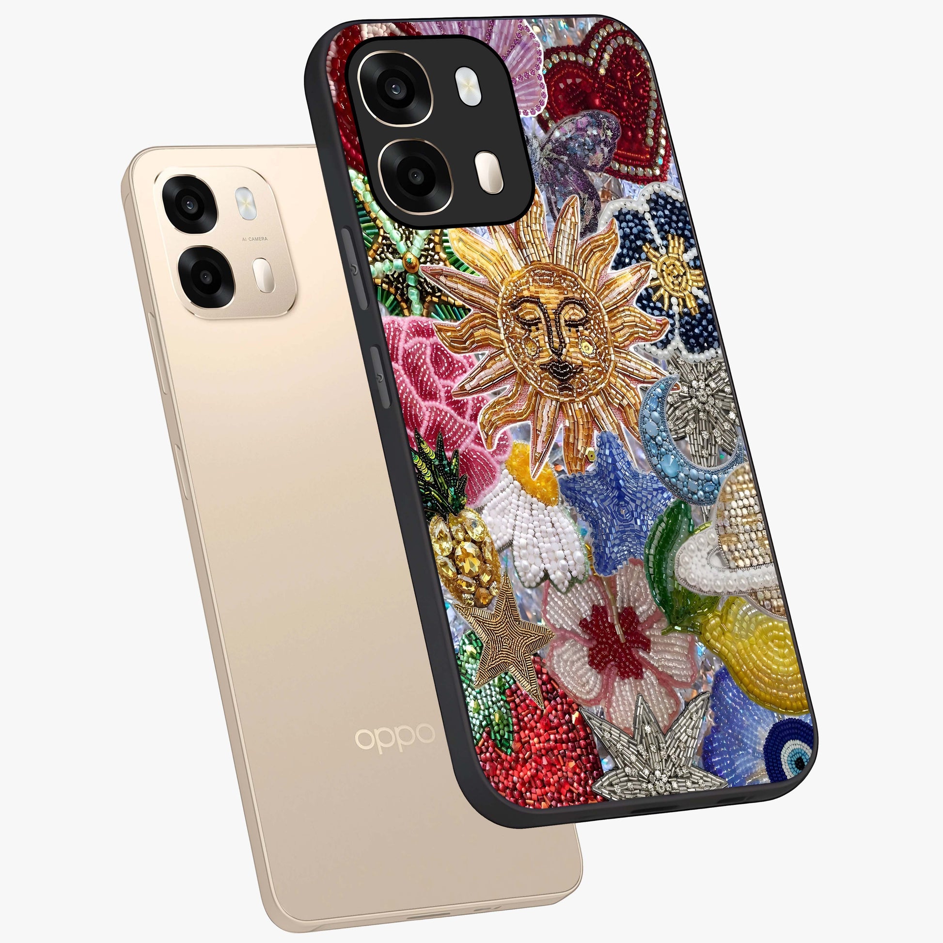 Celestial Floral and Playful Glass Case displayed in angled mockup highlighting playful floral design with dreamy celestial elements.