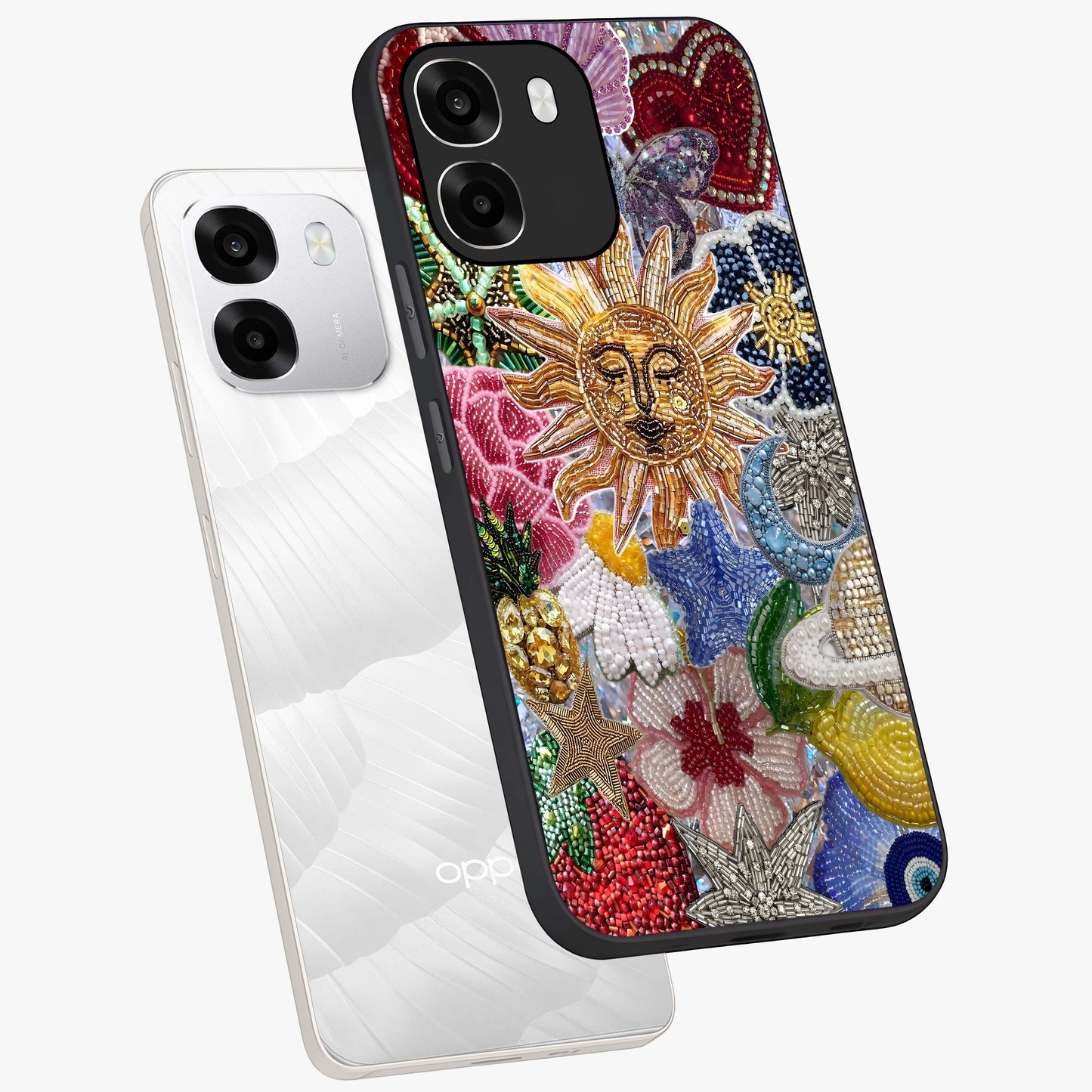 Celestial Floral and Playful Glass Case displayed in angled mockup highlighting playful floral design with dreamy celestial elements.