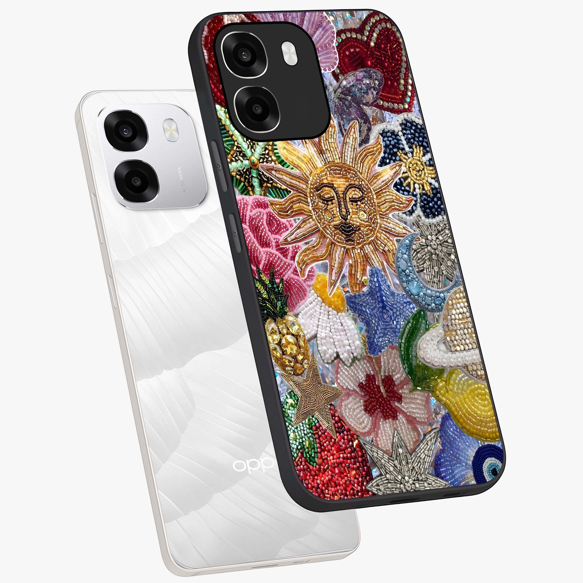 Celestial Floral and Playful Glass Case displayed in angled mockup highlighting playful floral design with dreamy celestial elements.