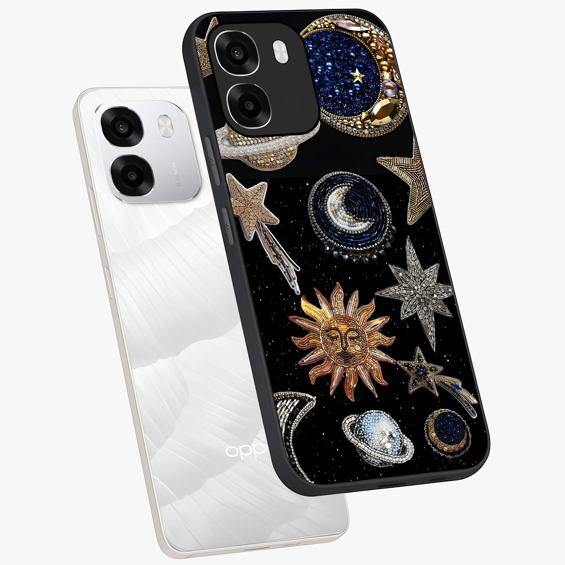 Celestial Gem Constellations Glass Case displayed in angled mockup highlighting gemstone inspired constellation design.