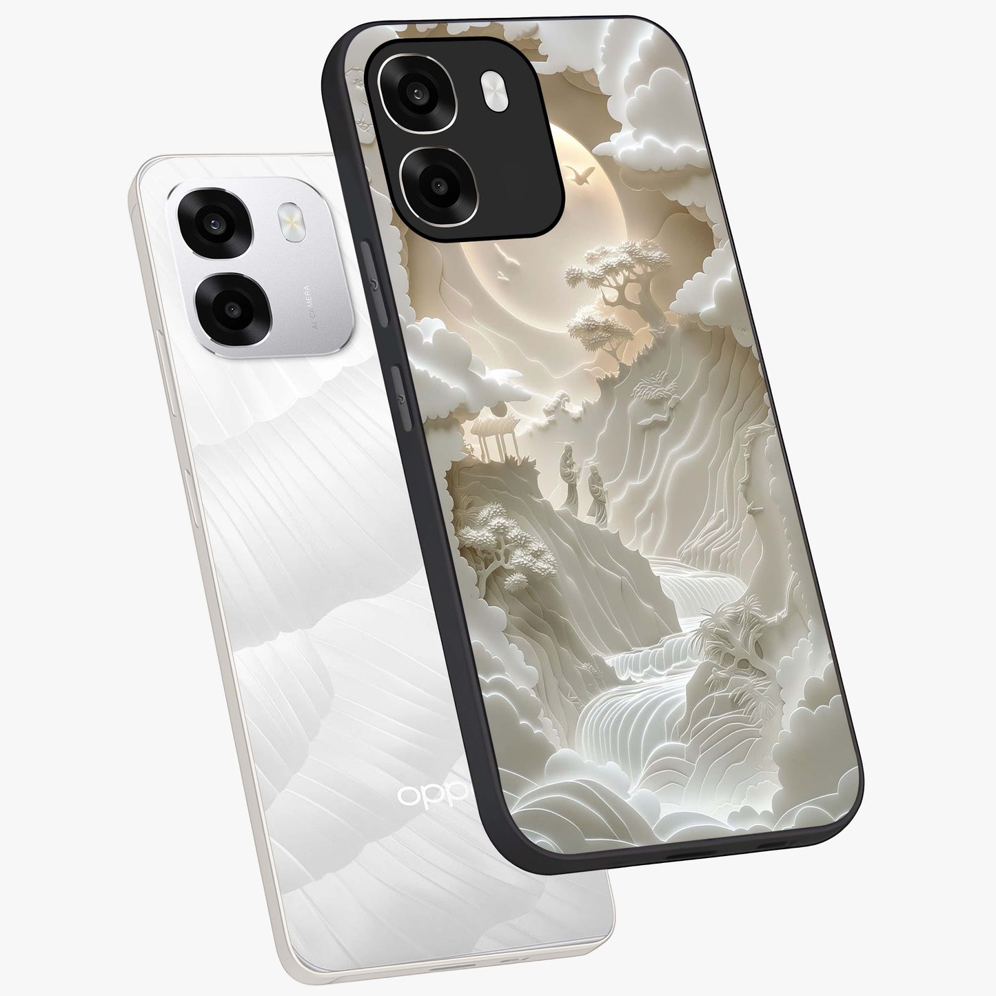 Celestial Origami Glass Case displayed in angled mockup highlighting geometric origami design with cosmic aesthetic theme.