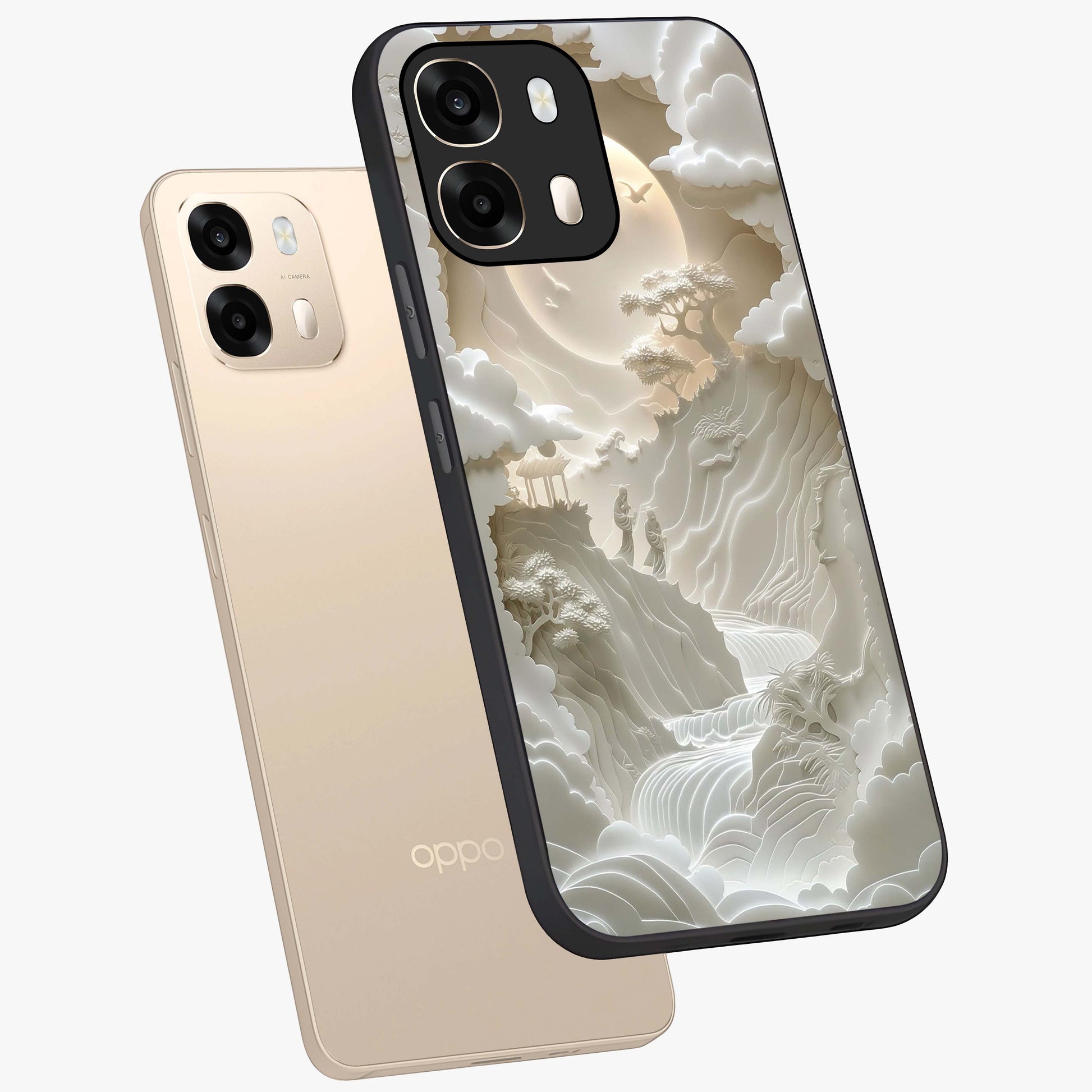 Celestial Origami Glass Case displayed in angled mockup highlighting geometric origami design with cosmic aesthetic theme.
