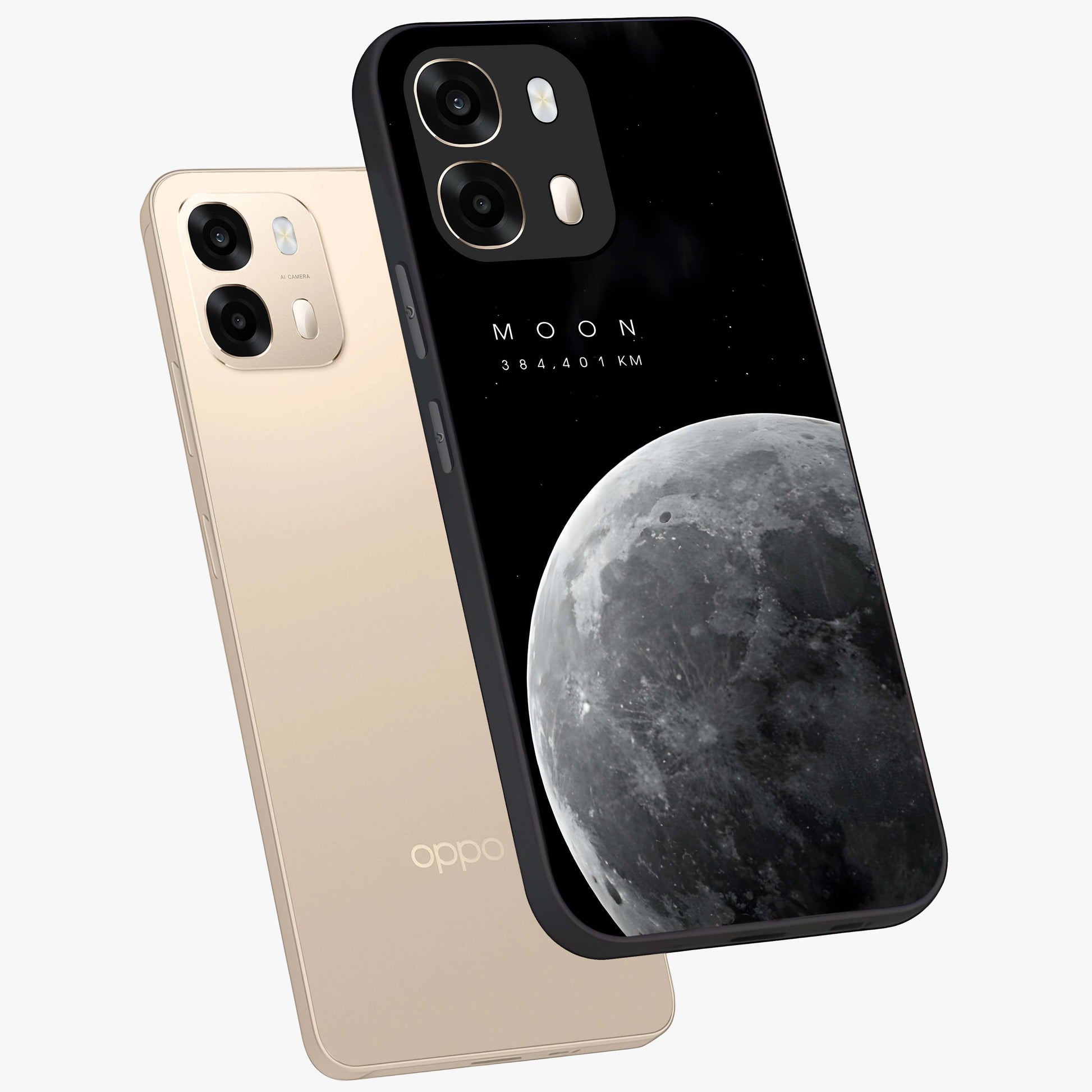 Cosmic Moon Glow Glass Case displayed in angled mockup highlighting celestial moon design with cosmic aesthetic theme.