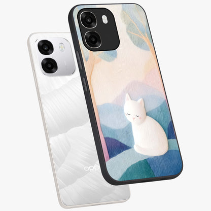 Cotton Dream Cat Glass Case displayed in angled mockup highlighting cute feline illustration with pastel aesthetic style.
