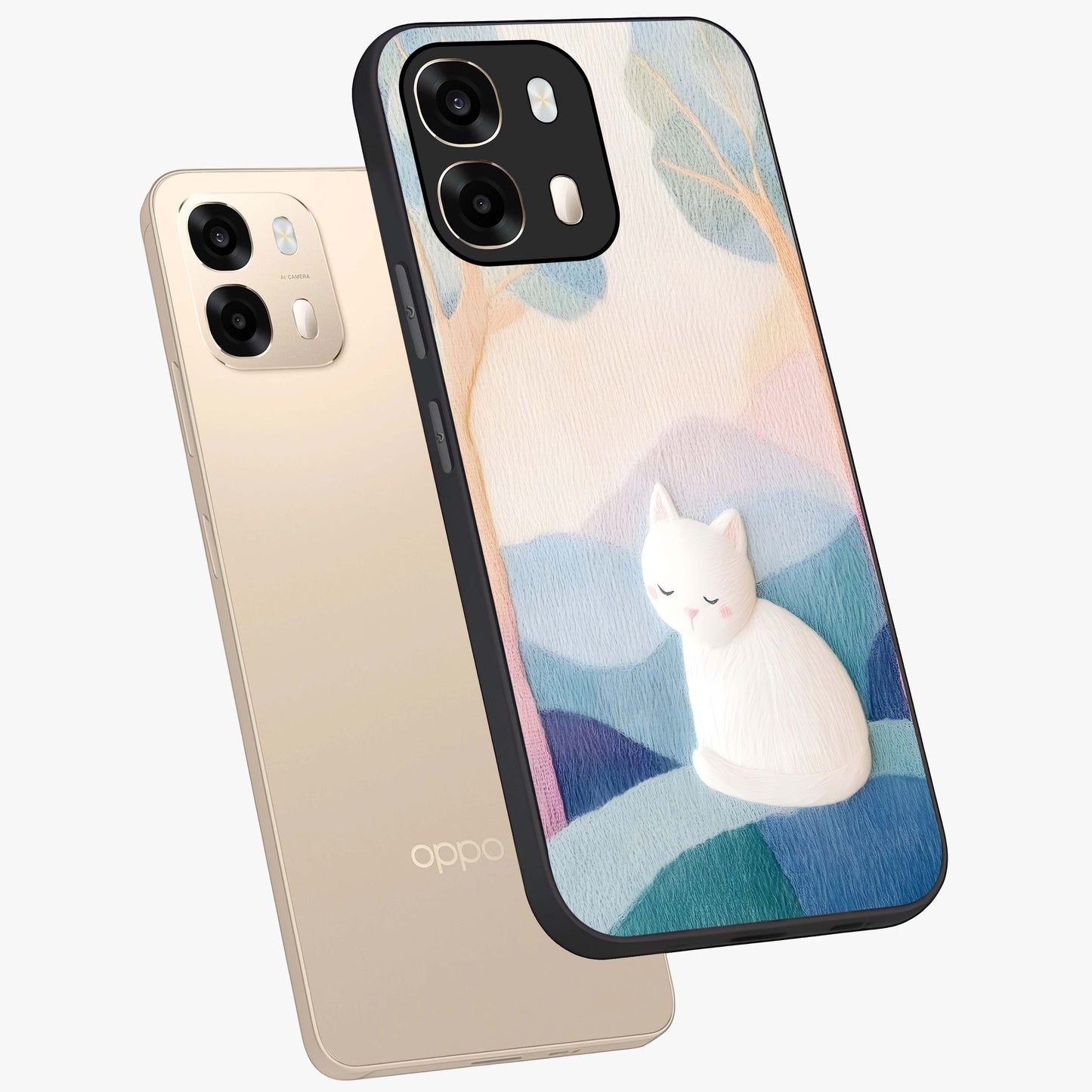 Cotton Dream Cat Glass Case displayed in angled mockup highlighting cute feline illustration with pastel aesthetic style.