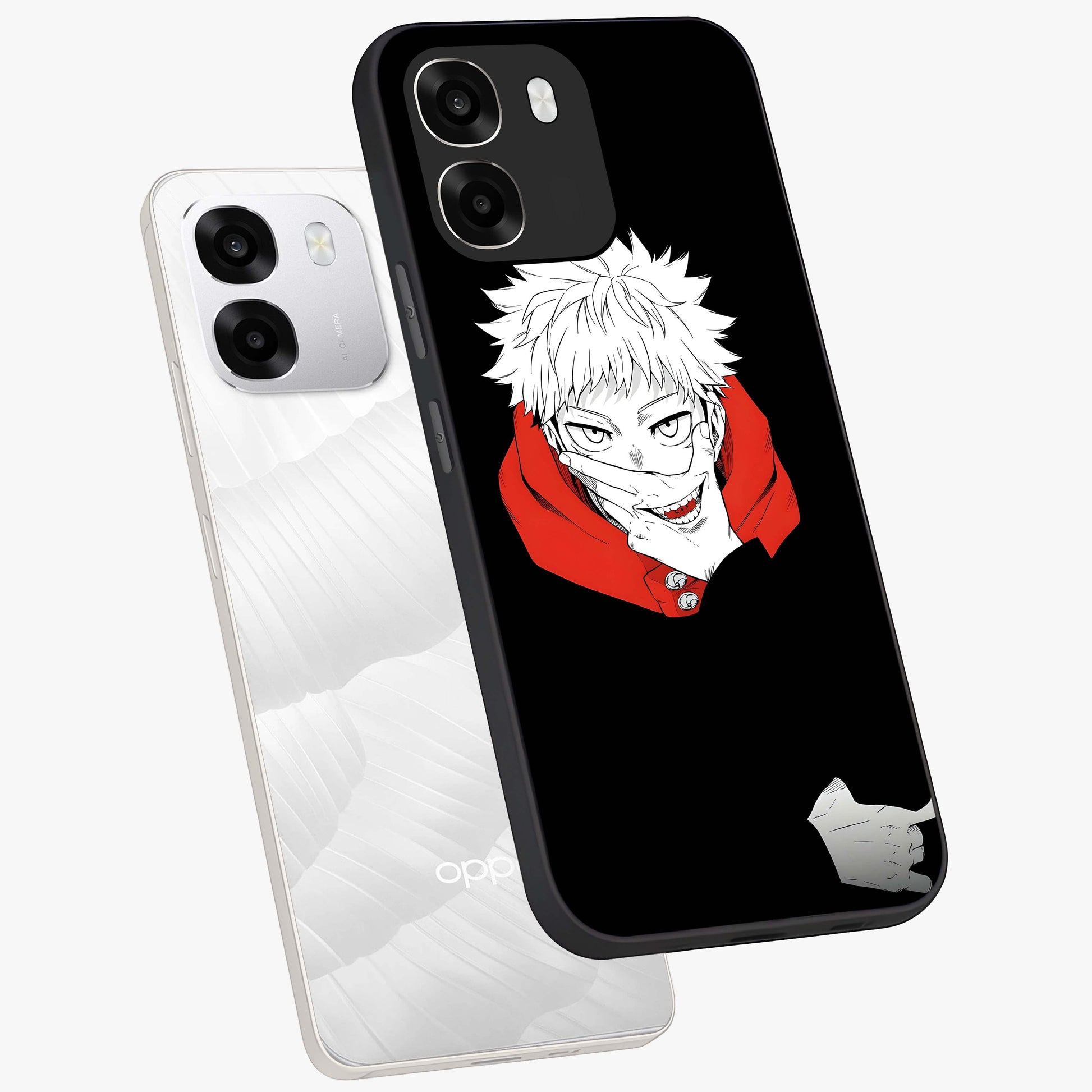 Crimson Chaos Smile Glass Case displayed in angled mockup highlighting edgy crimson smile design with graphic aesthetic.