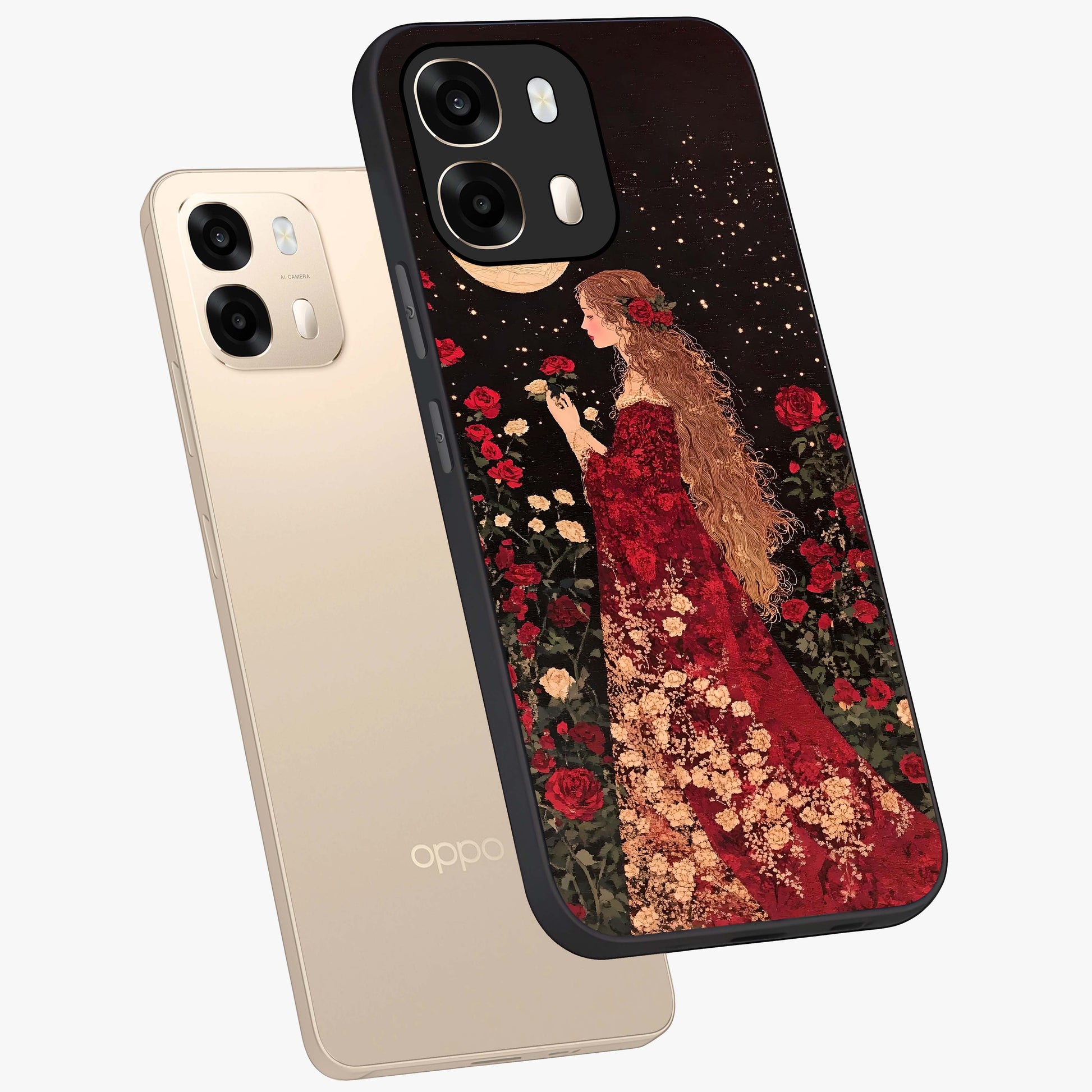 Crimson Dreams Glass Case displayed in angled mockup highlighting soft crimson aesthetic design with artistic theme.