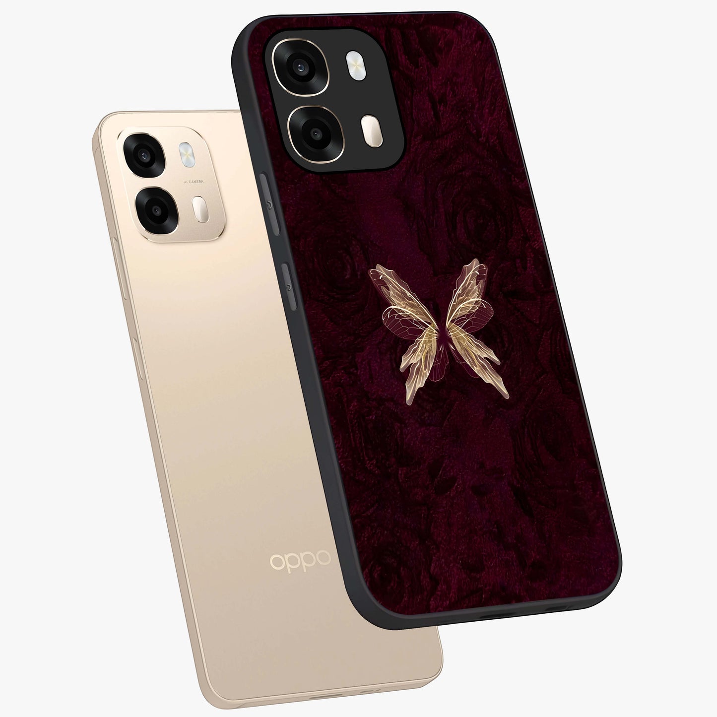 Crimson Fade Butterfly Glass Case displayed in angled mockup highlighting elegant butterfly design with crimson gradient aesthetic.