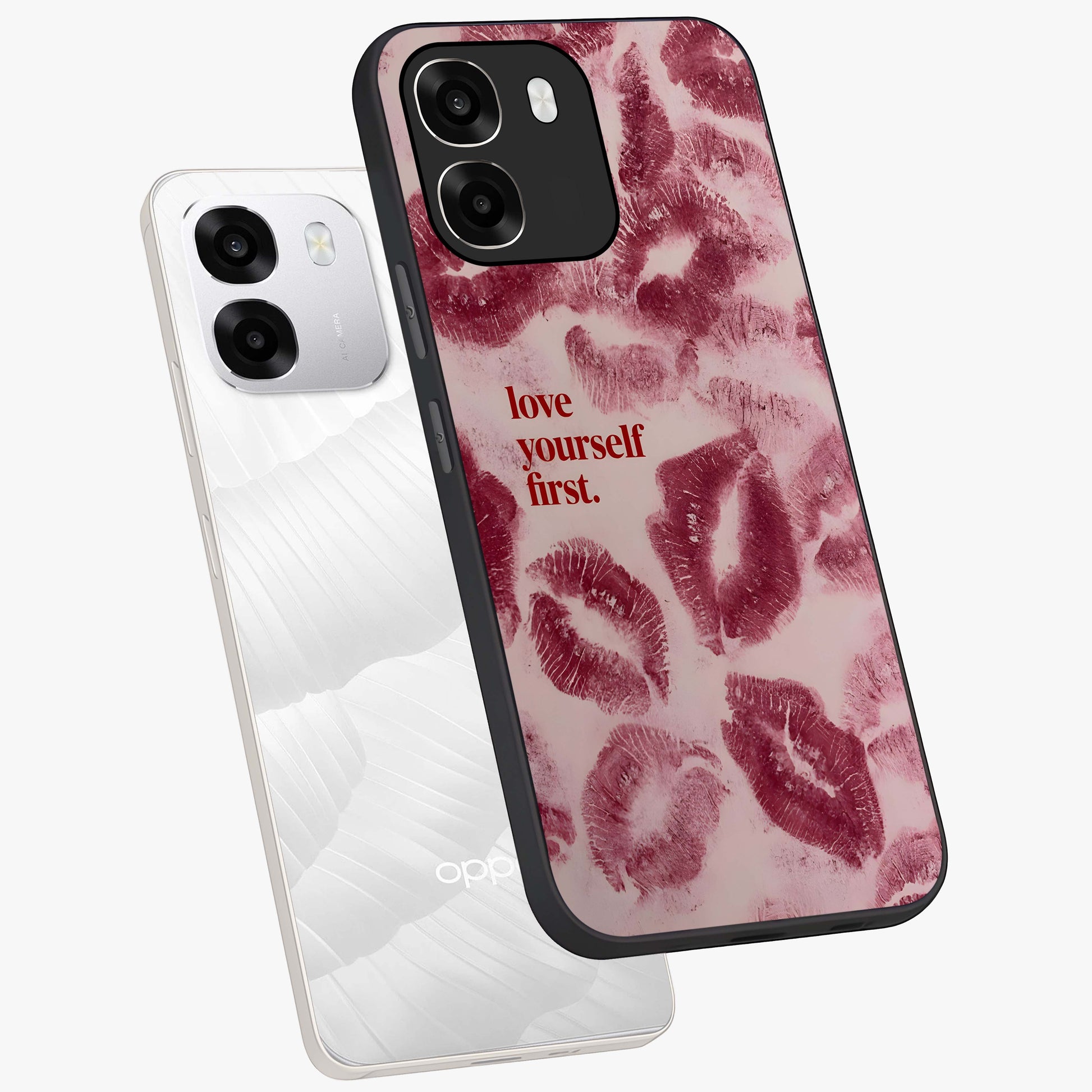 Crimson Kiss Love Glass Case displayed in angled mockup highlighting bold love inspired design with modern aesthetic style.