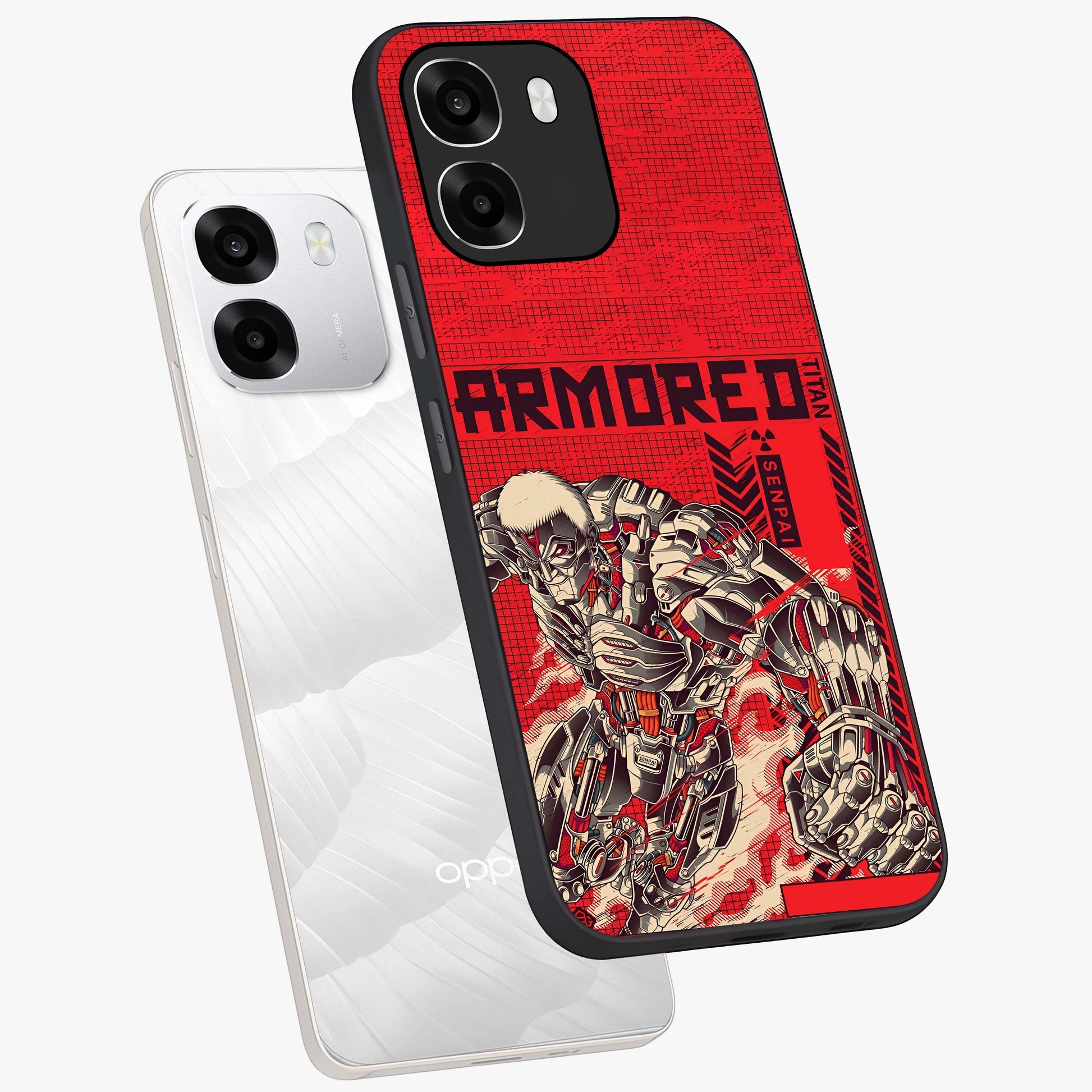 Crimson Mecha Titan Glass Case displayed in angled mockup highlighting futuristic mech illustration with bold crimson aesthetic.