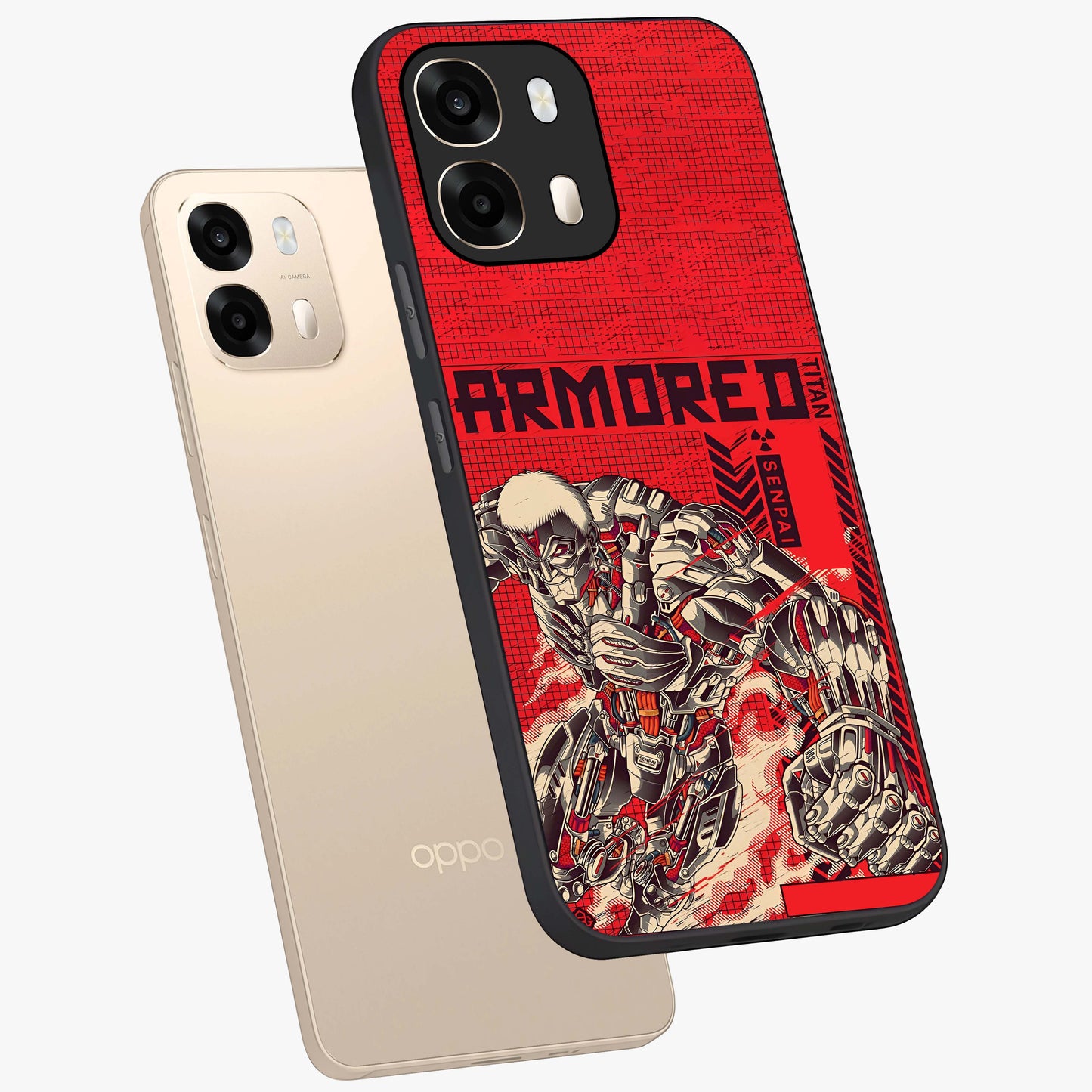 Crimson Mecha Titan Glass Case displayed in angled mockup highlighting futuristic mech illustration with bold crimson aesthetic.