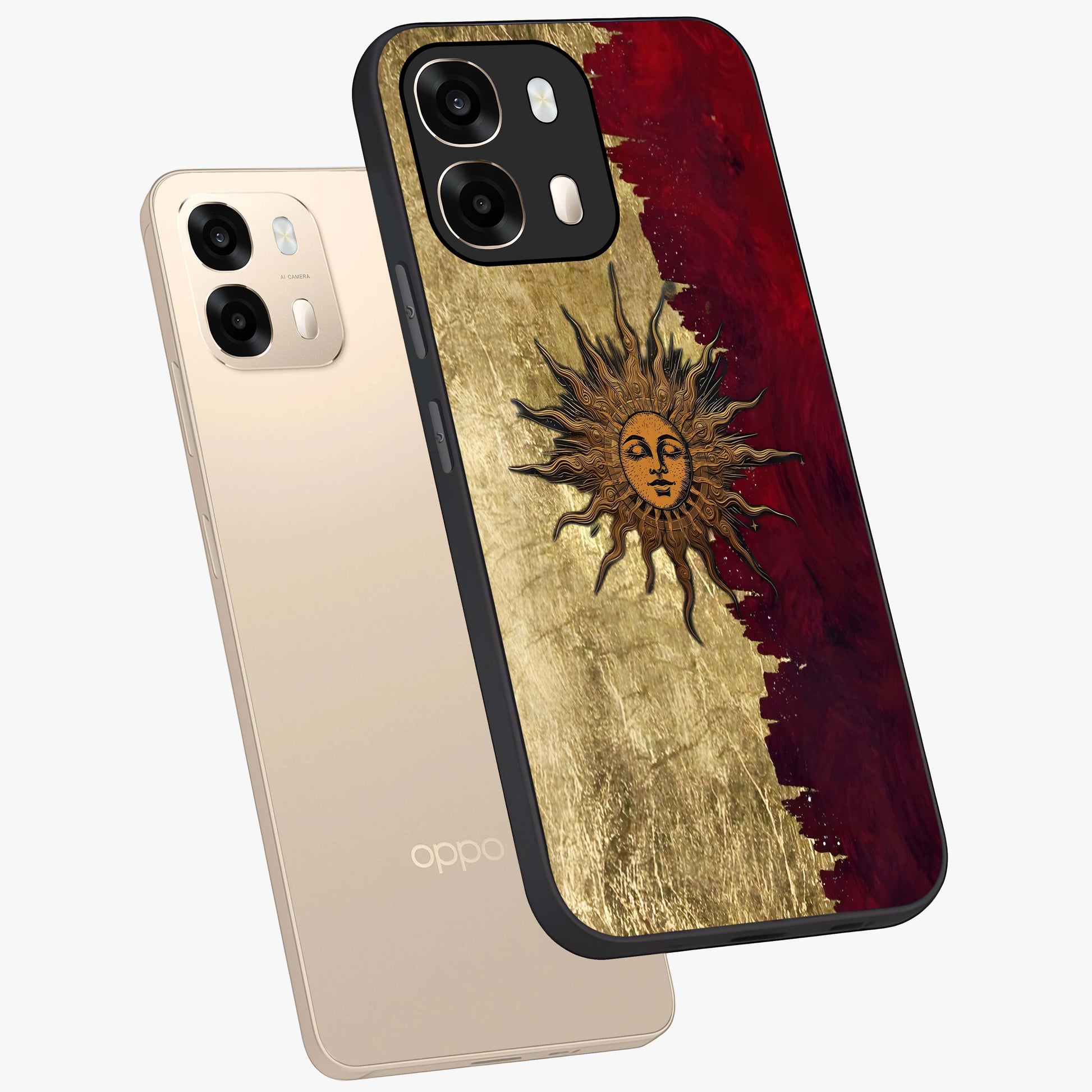 Crimson Sun Majesty Glass Case displayed in angled mockup highlighting majestic crimson sun design with bold aesthetic style.