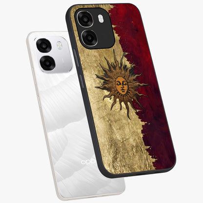 Crimson Sun Majesty Glass Case displayed in angled mockup highlighting majestic crimson sun design with bold aesthetic style.
