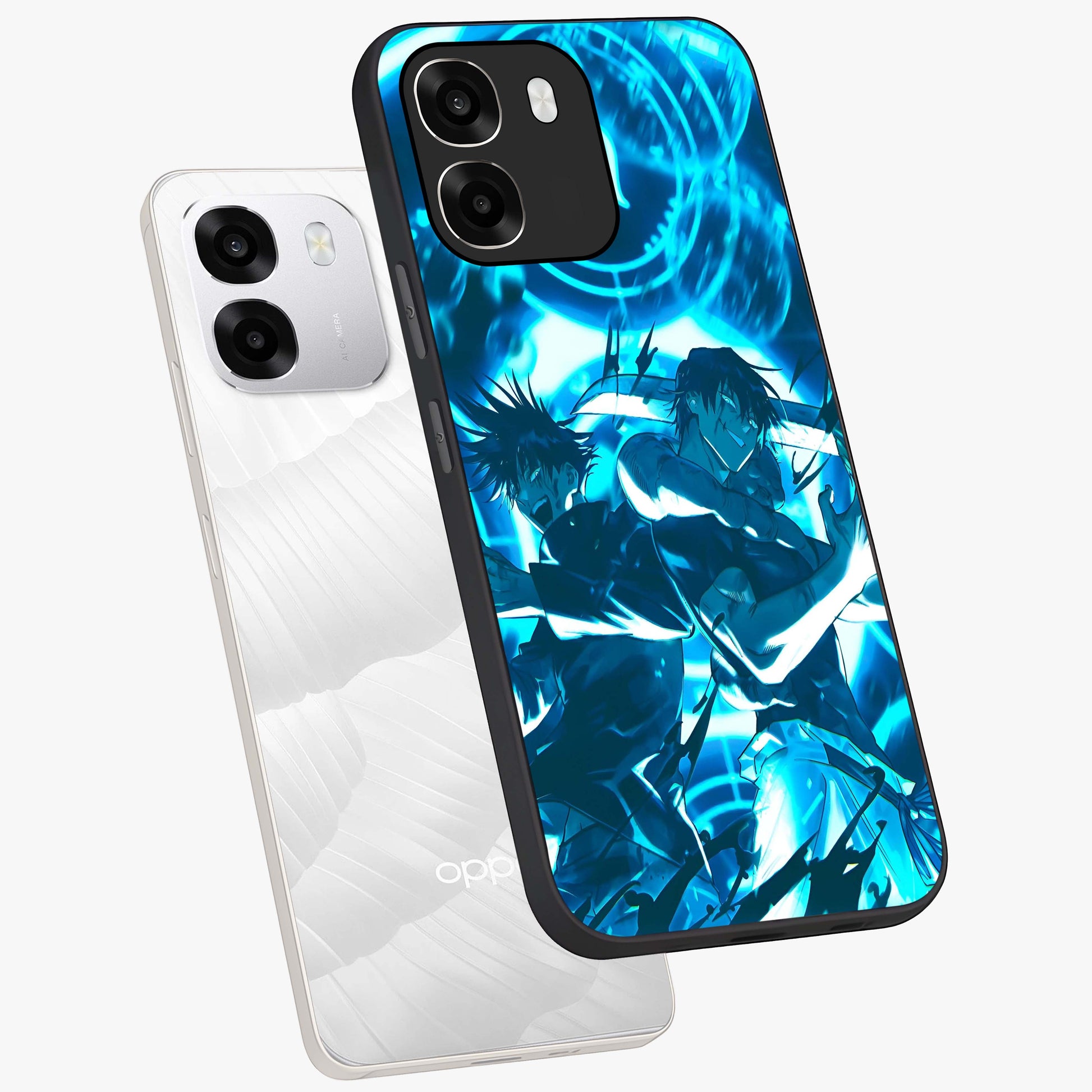 Cursed Energy Clash Glass Case displayed in angled mockup highlighting powerful battle inspired graphic with anime style aesthetic.