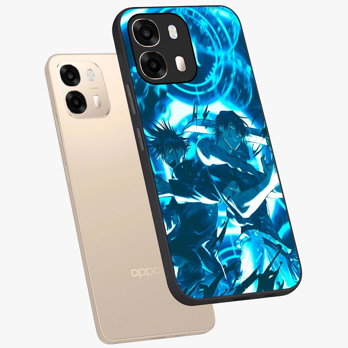 Cursed Energy Clash Glass Case displayed in angled mockup highlighting powerful battle inspired graphic with anime style aesthetic.