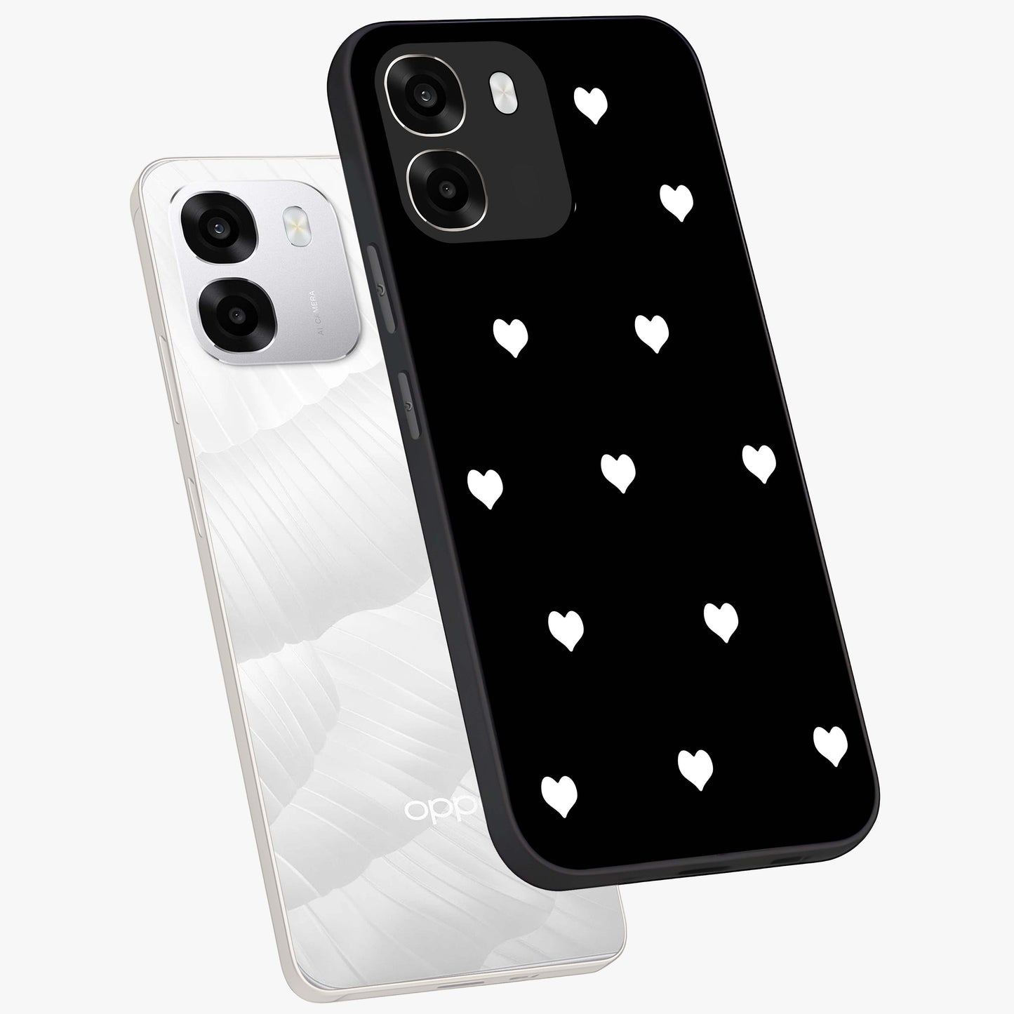 Cute And Simple White Hearts Glass Case displayed in angled mockup highlighting cute heart design with clean aesthetic style.