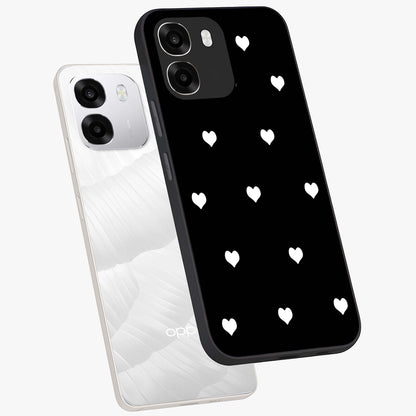 Cute And Simple White Hearts Glass Case displayed in angled mockup highlighting cute heart design with clean aesthetic style.