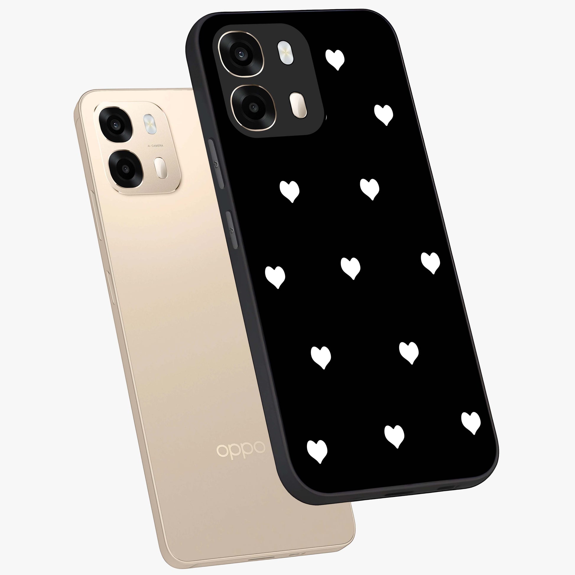 Cute And Simple White Hearts Glass Case displayed in angled mockup highlighting cute heart design with clean aesthetic style.