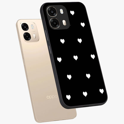 Cute And Simple White Hearts Glass Case displayed in angled mockup highlighting cute heart design with clean aesthetic style.