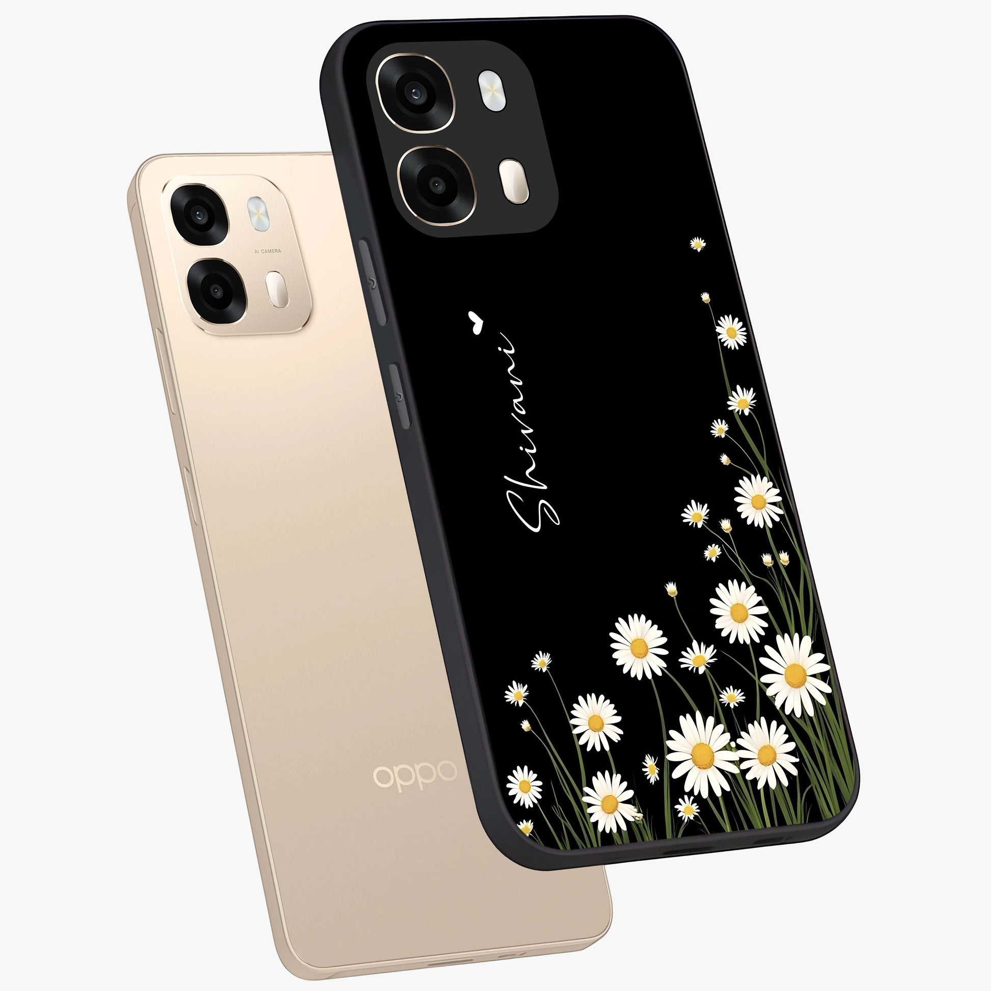 Daisy Cascade Custom Name Glass Case displayed in angled mockup highlighting delicate daisy artwork with custom name feature.