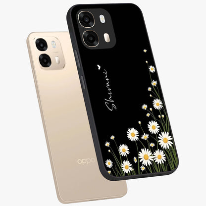 Daisy Cascade Custom Name Glass Case displayed in angled mockup highlighting delicate daisy artwork with custom name feature.