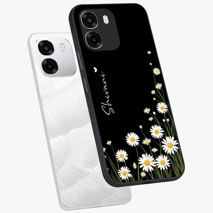 Daisy Cascade Custom Name Glass Case displayed in angled mockup highlighting delicate daisy artwork with custom name feature.